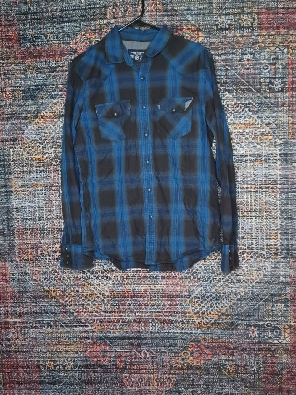 American Eagle mens blue black brown Vintage Fit plaid western shirt M EUC
